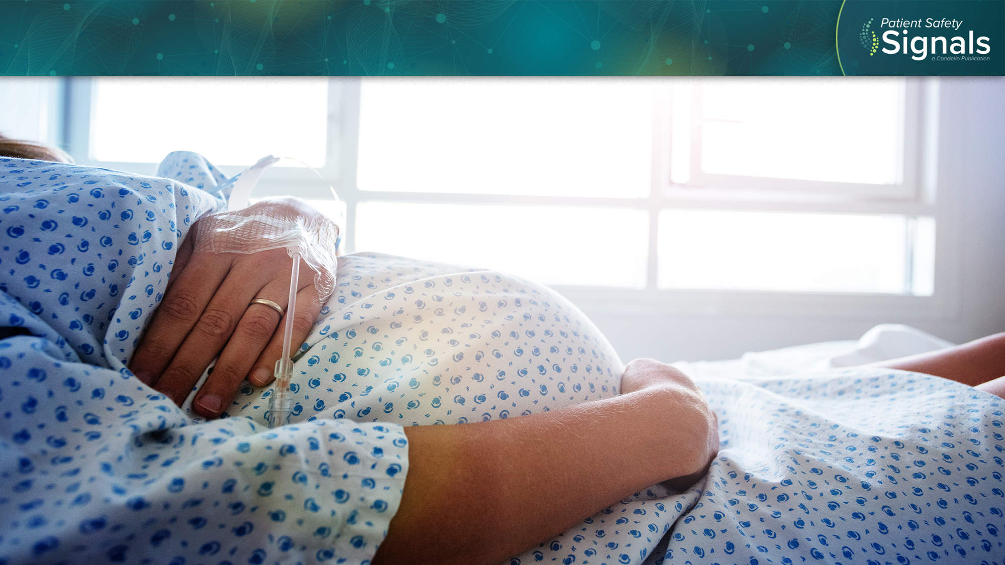 pregnant belly in hospital gown rect image and branding at top for newsletter patient safety signals